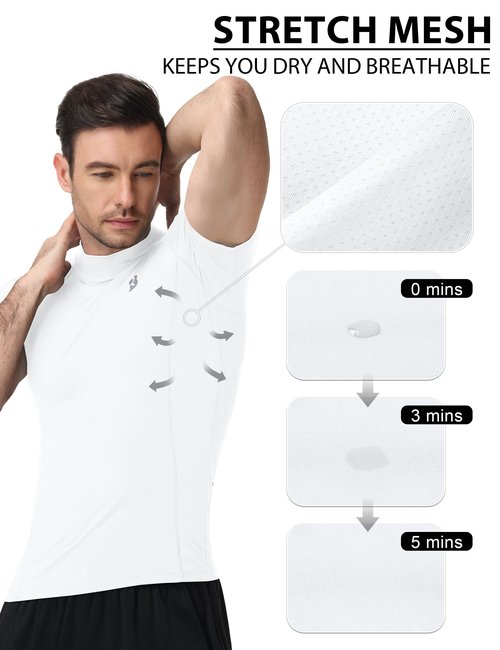 Roadbox Men's Compression Shirt, Mock Turtleneck Short Sleeve Athletic Undershirt, Quick Dry Base Layer Top for Gym Workout White