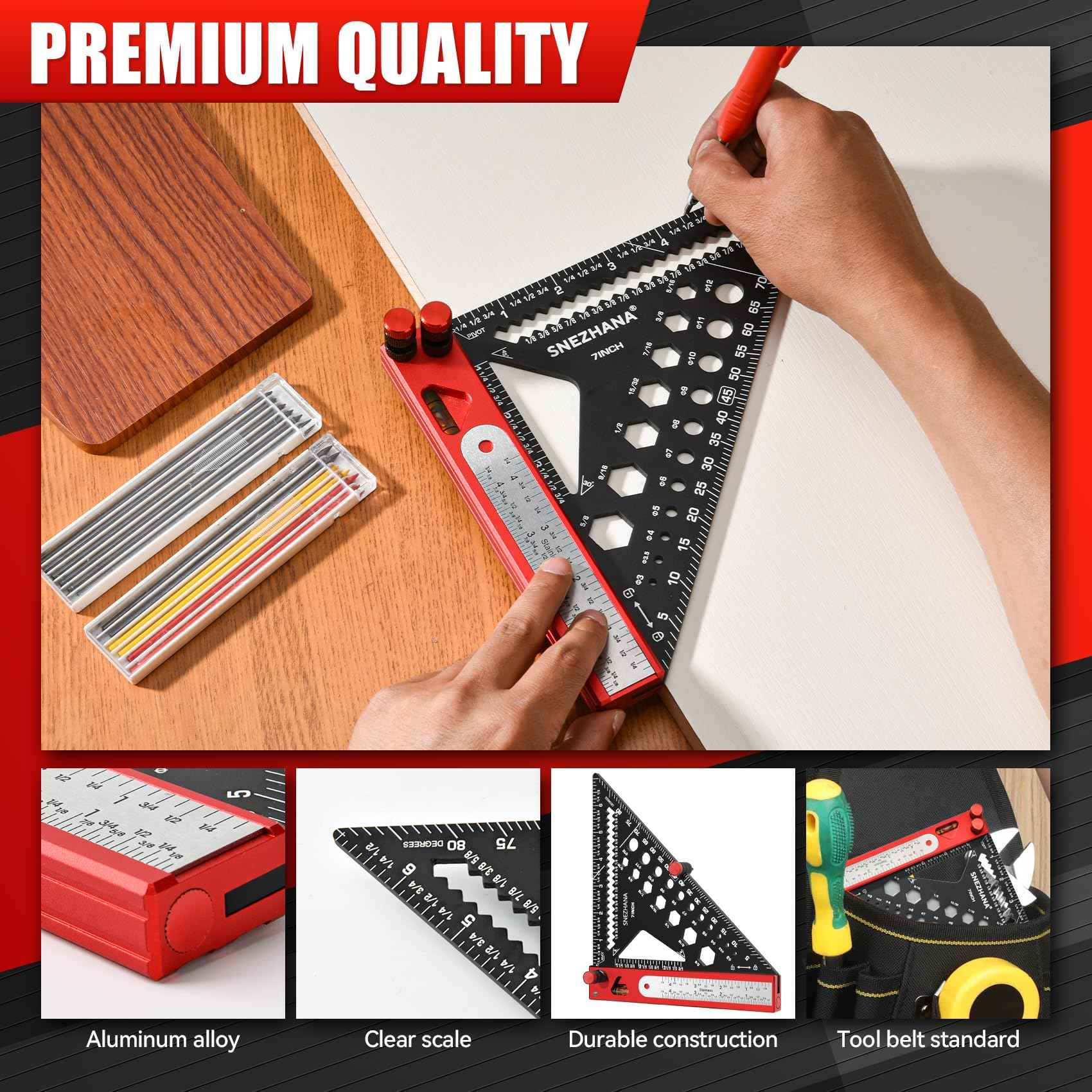 SNEZHANA 7" Rafter Square with Carpenter Pencil and Bubble Level, Multi Purpose Measuring Tool for Precision Woodworking, Roofing, and Framing