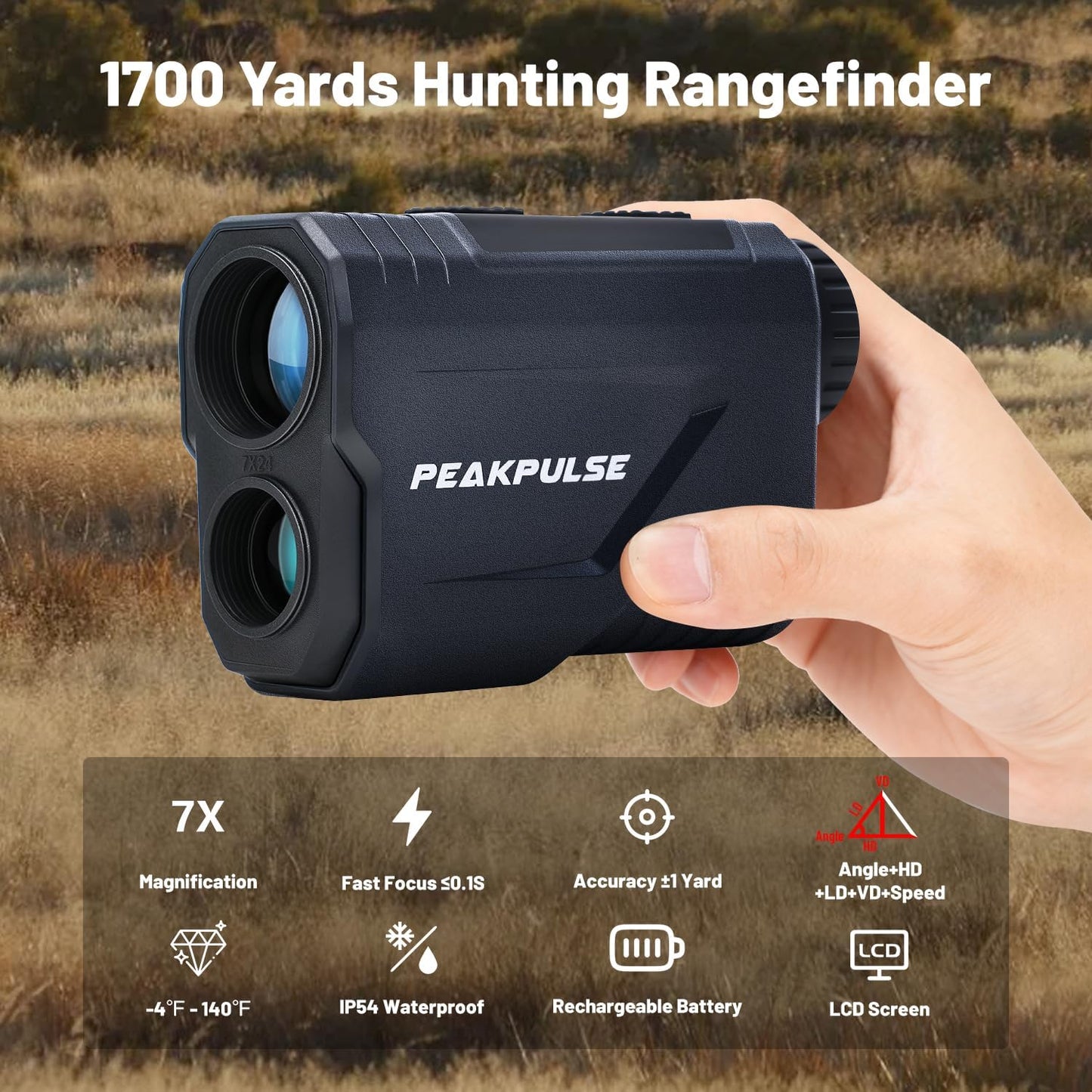 PEAKPULSE Hunting Range Finder - 1700 Yards Rangefinder with 7X Magnification & Rechargeable Battery