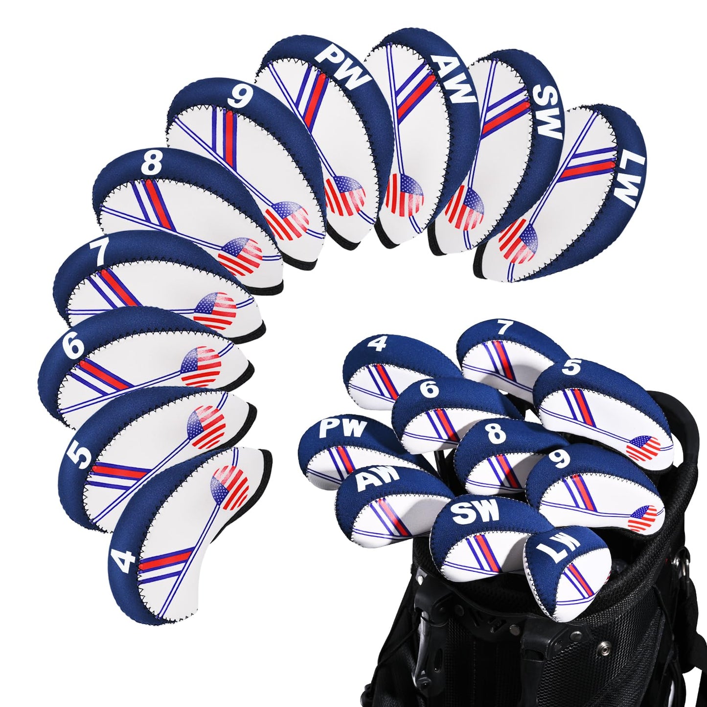 Golf Club Iron Head Covers Set, 10PCS Neoprene USA Flag Design Protective Covers for Irons