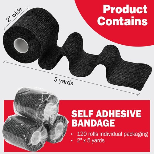 AZEN Self-Adhesive Bandage Wrap - 120 Pack Black Athletic Tape | 2" x 5 Yards Cohesive Vet Wrap