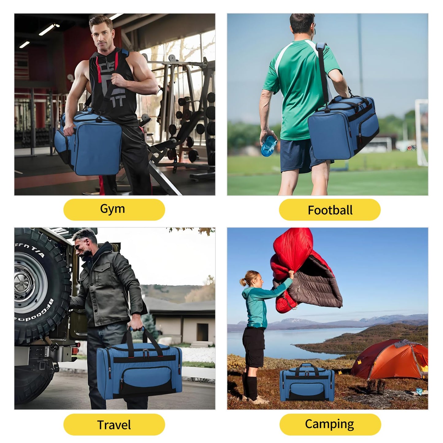 THSOGO 22 inch Gym Bag for Men - 55L Large Travel Duffle Bag Sports Equipment Bag with Multiple Zippered Pockets,Outdoor Workout Duffle Bag for Overnight Weekend - Blue