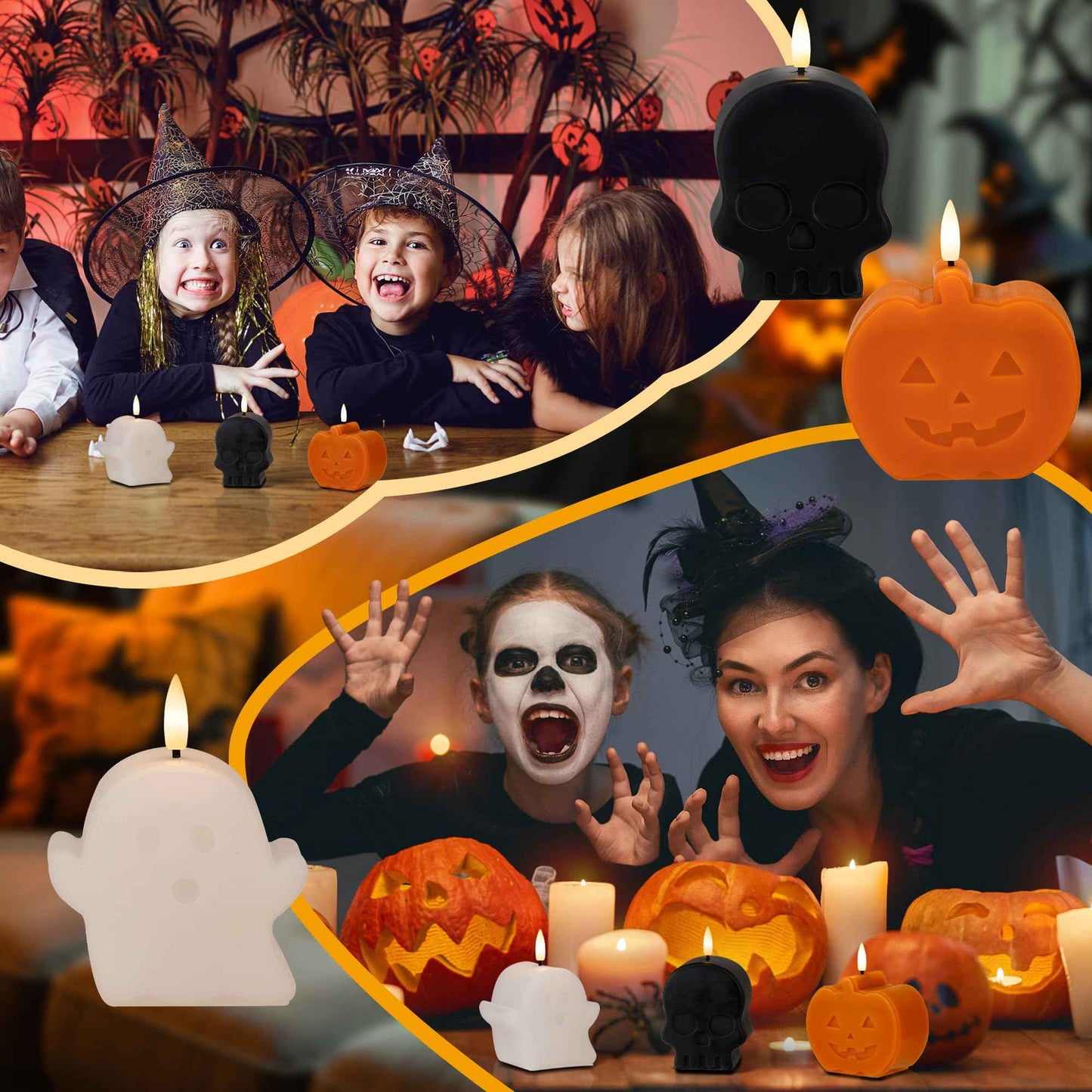 Halloween Flameless Candles with Remote, Real Wax Ghost, Pumpkin, Skull Battery Operated Candles, Flickering LED Fake Candle, Halloween Decorations for Table, fireplace, Home, Party, Festival Decor