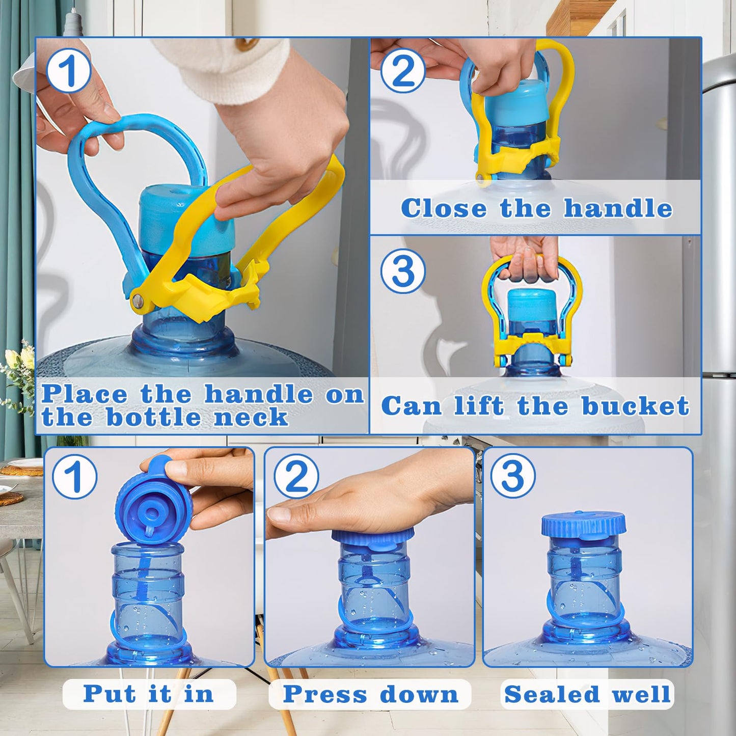 2 Pack 5 Gallon Water Bottle Handle, Stable Ergonomic Water Jug Handle, Drinking Water Bottle Heavy Duty Clip with 4pcs 5 Gallon Water Jug Caps