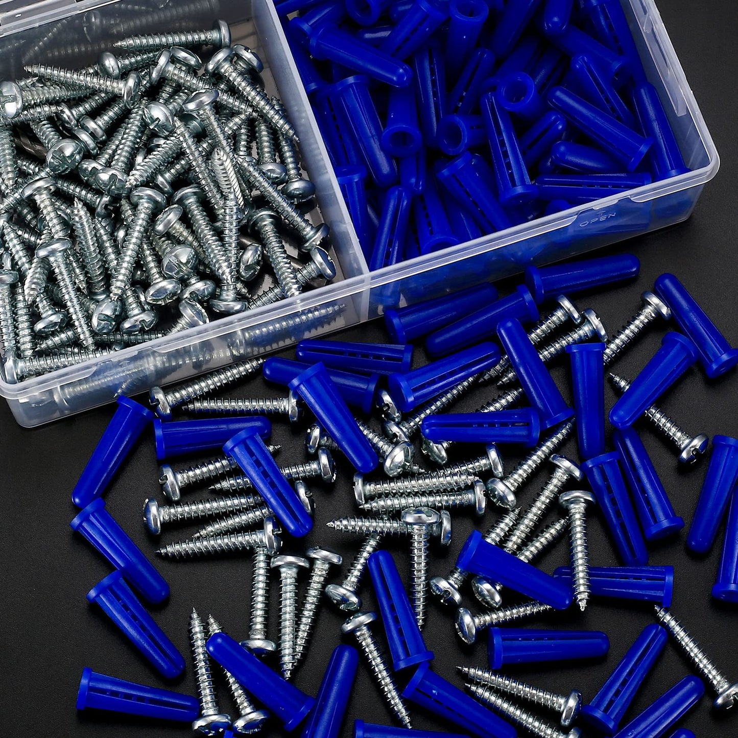 200 Pcs Conical Concrete Wall Anchors and Screws for Drywall, 10# Blue Conical Anchor and Self Tapping Screws, Includes 100 Pcs Drywall Anchors, 100 Pan Head Screw, 1 x Drill Bit (Blue)