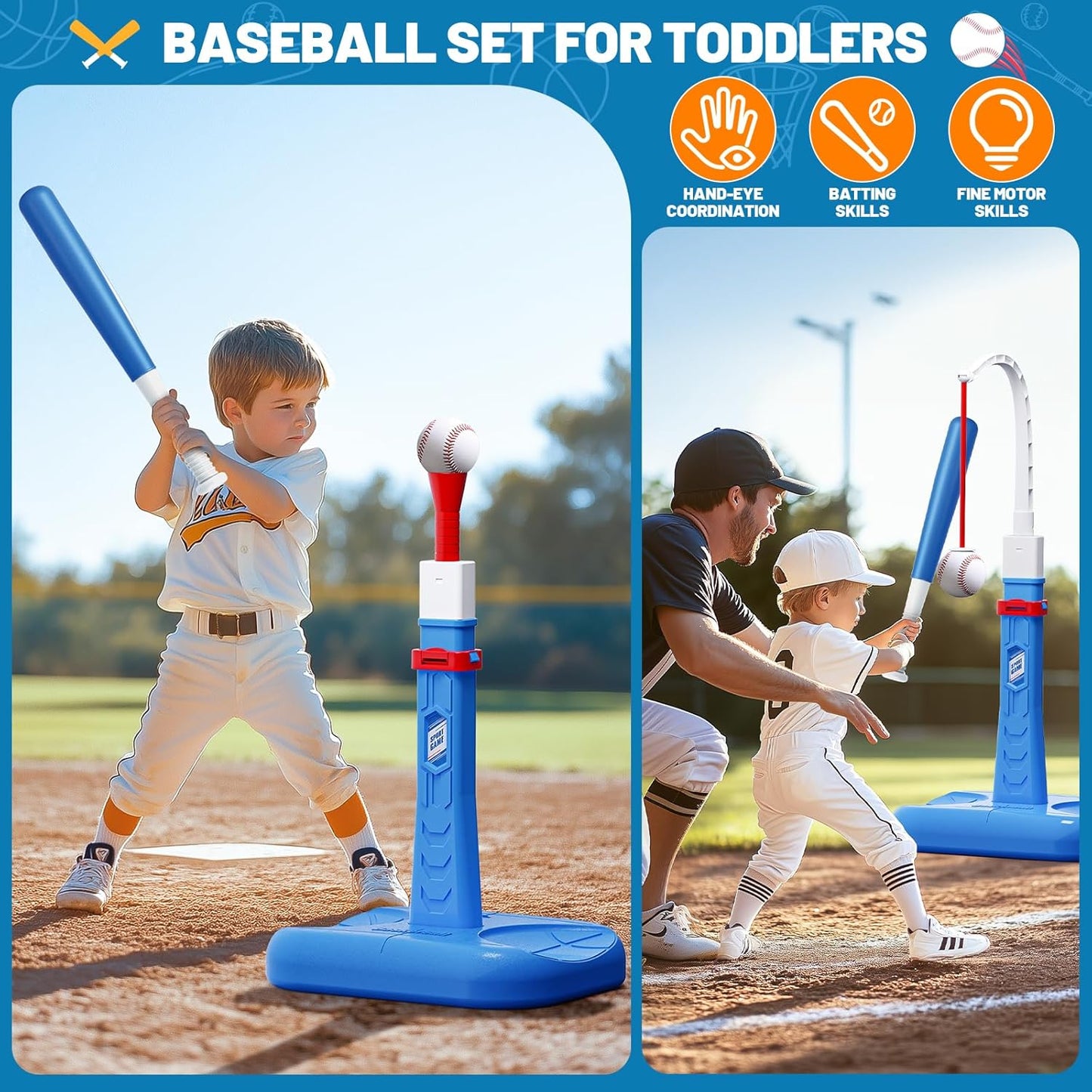 Skiennix 3 in 1 Kids Basketball Hoop & T-Ball Set - Adjustable Height Sports Toys for Ages 3-5 | Blue