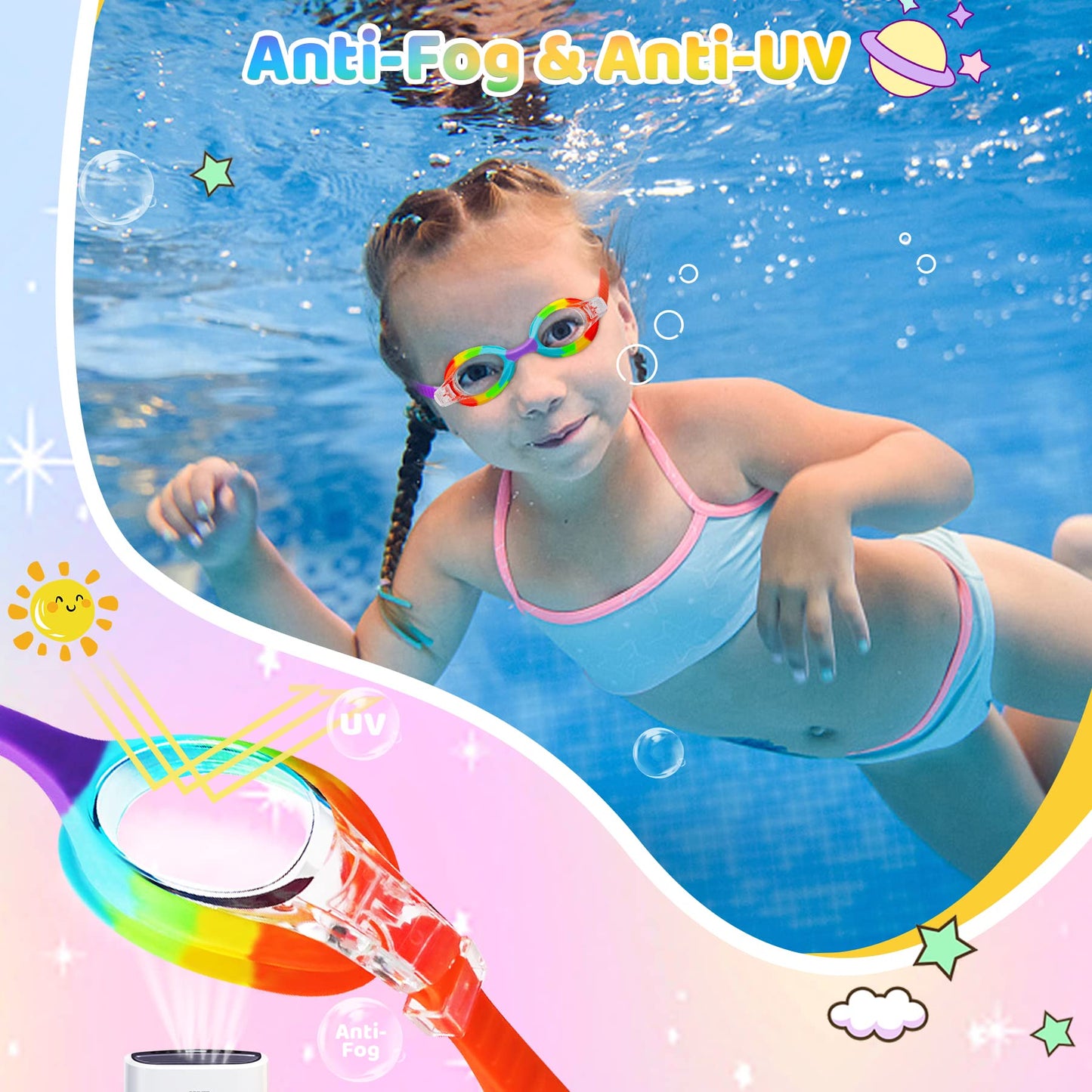 Vvinca Toddler Swim Goggles with Fabric Strap Cover, Rainbow Toddler Goggles 3-5 Year Old, Anti-Fog Clear View No Leak Girls Swimming Goggles No Tangle, Pain Free Water Pool Glasses