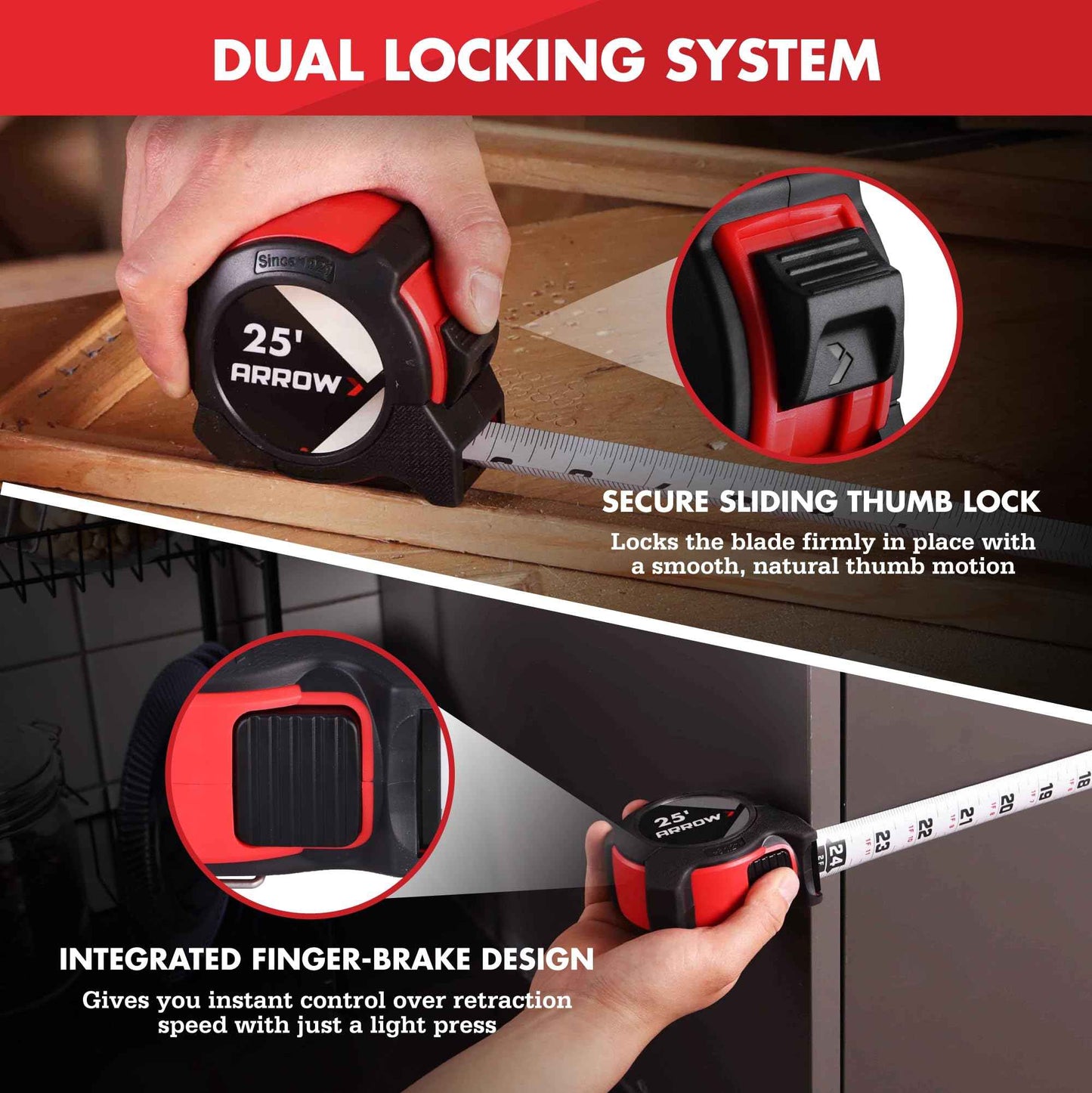 Arrow 25FT Tape Measure, Easy Read Measuring Tape with Dual Locking System, Double Sided Measurement Tape with 1.25″ Blade, Belt Clip, Dual-End Metal Hook, and Rubber Protective Casing