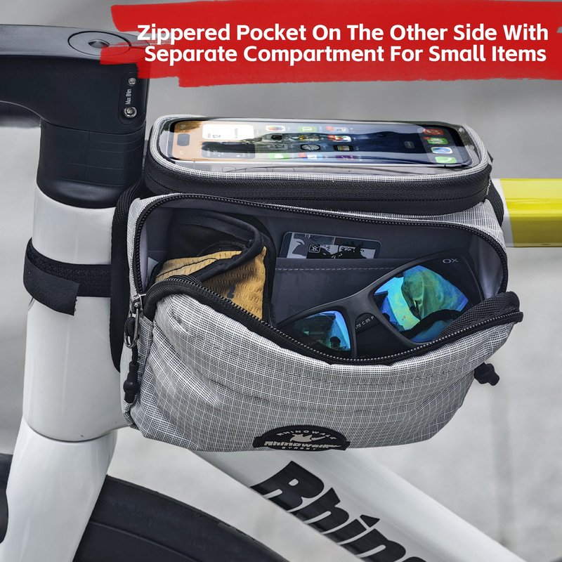Rhinowalk Bike Top Tube Bag with Touch Screen Phone Pouch - Bicycle Frame Bag with Phone Holder, Double Side Pannier Zipper & Magnetic Closure (Black)