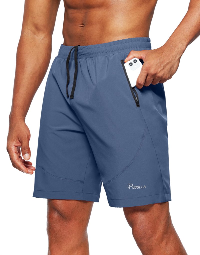 Pudolla Men's Workout Running Shorts Lightweight Gym Athletic Shorts for Men with Zipper Pockets(Blue Grey Large)