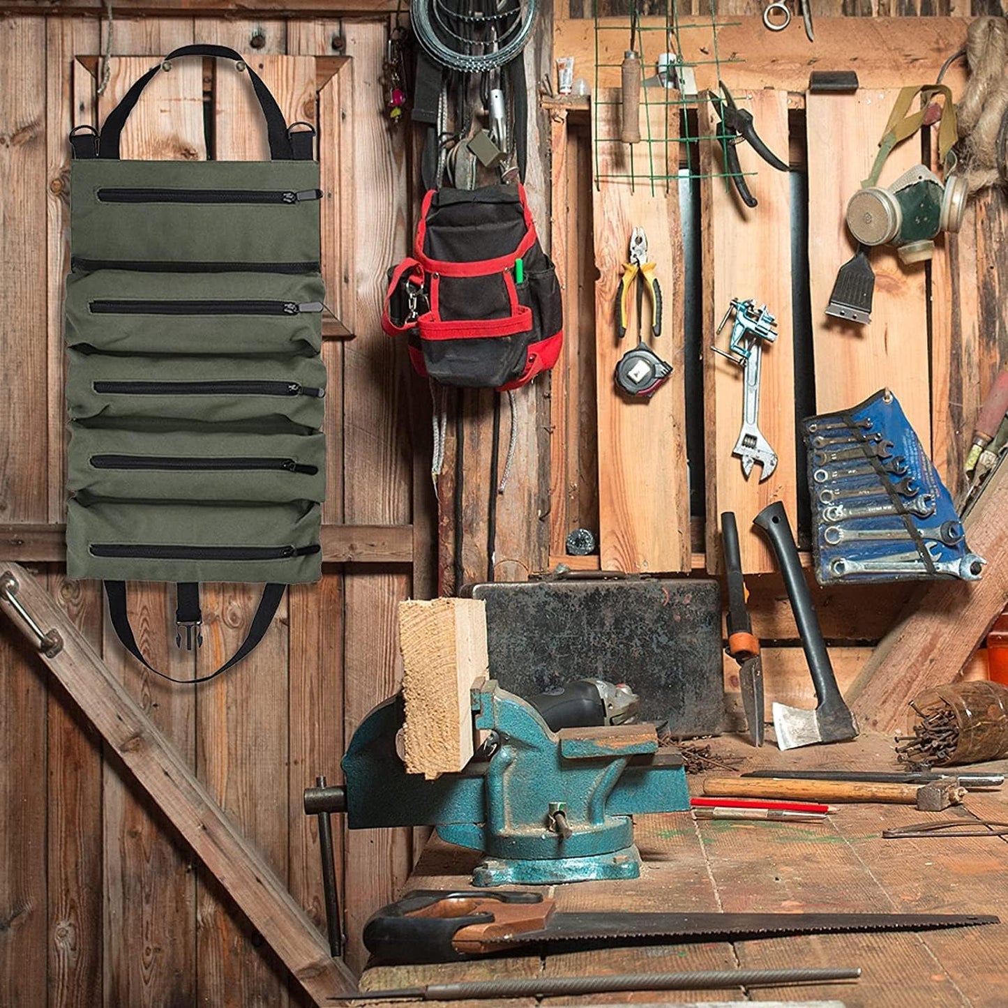 Tool Bag Roll Up, Rollable Carrying Toolbag, Heavt Duty Tool Organizer Portable Tool Storage Bags Waterproof Oxford Cloth-Zipper Pouch for Men Mechanic, Electricians, Repairman, Green