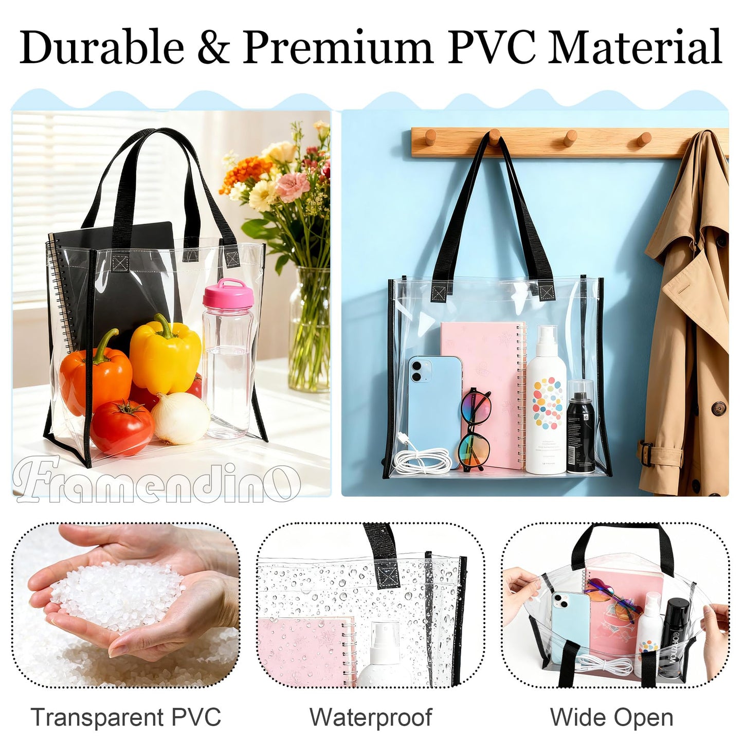 Framendino, 2 Pack Clear PVC Plastic Tote Bag Stadium Approved 12 x 6 x 12With Handles for Work Gym Beach Sports