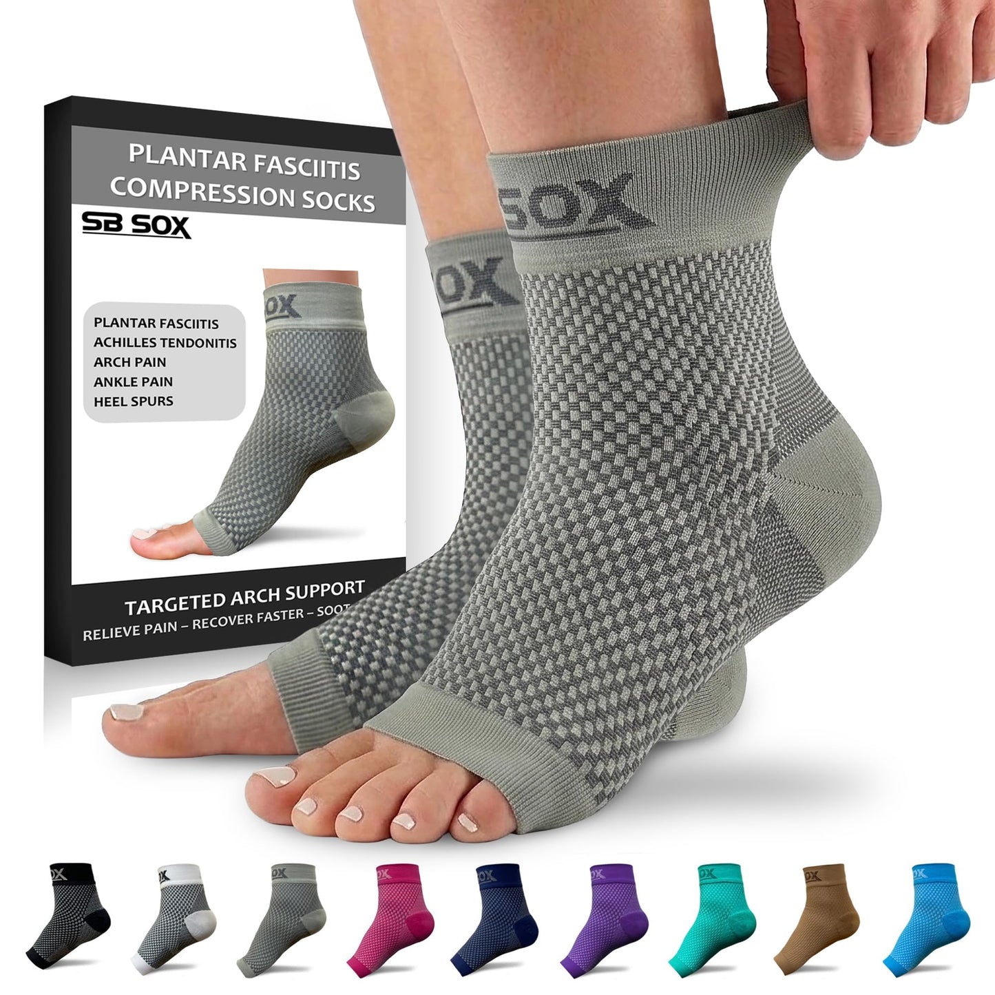 SB SOX Plantar Fasciitis Compression Socks – Arch Support Sleeve for Heel Pain Relief, Achilles Tendonitis & Foot Pain – Toeless Ankle Compression, All-Day Comfort (Gray, Large)