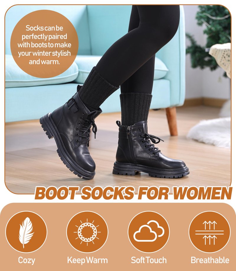 DYW Womens Merino Wool Boot Socks Thermal Thick Winter Warm Cozy Hiking Work Boot Socks Christmas Gift (3 Pairs-Black)