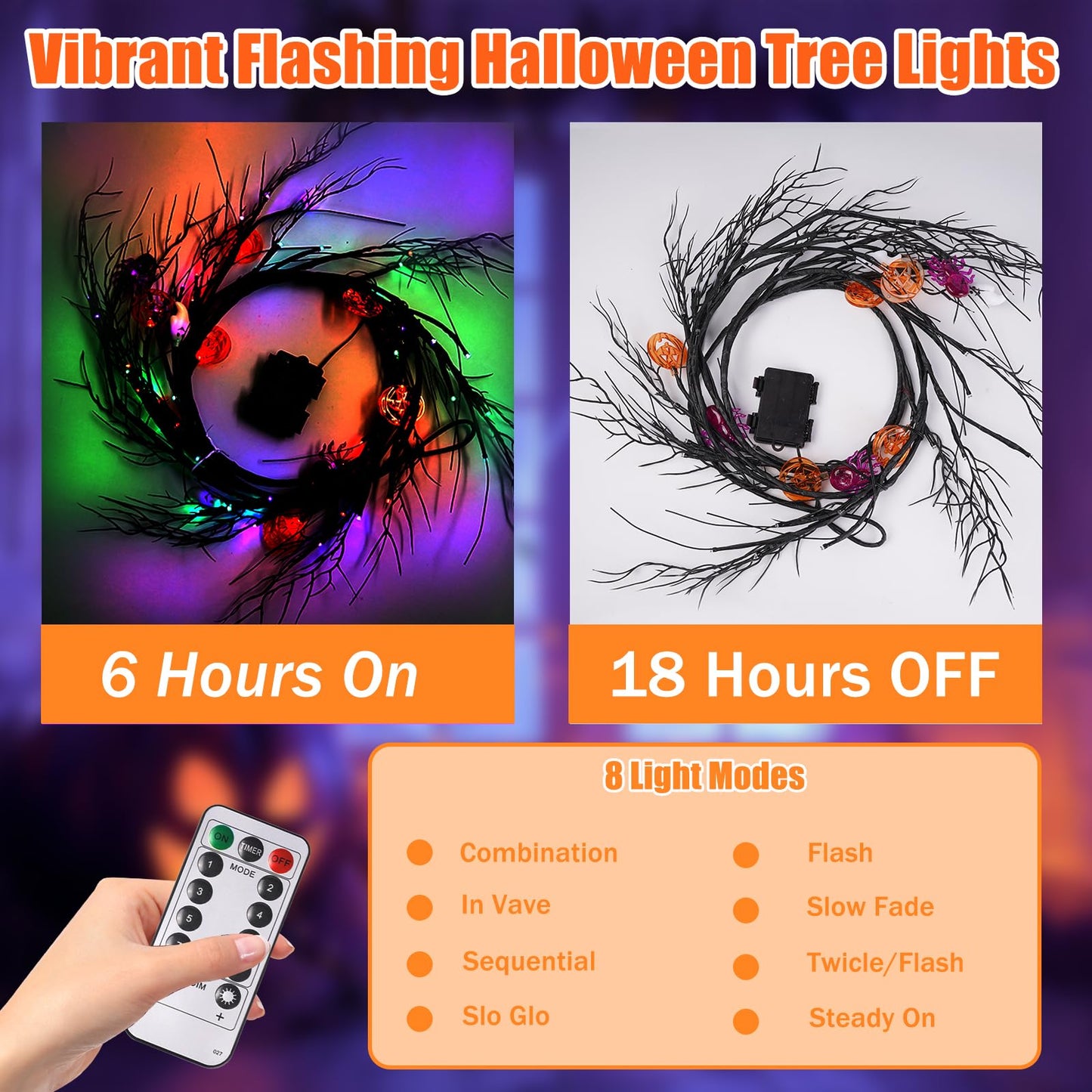 NPET 6 FT 54 LED Willow Twig Halloween Decorations Garland，Remote Control Pumpkin,Bats,Ghosts Eyeball Lights, 8 Modes Halloween Garland with Purple Green Orange Lights Indoor Mantle House Decor