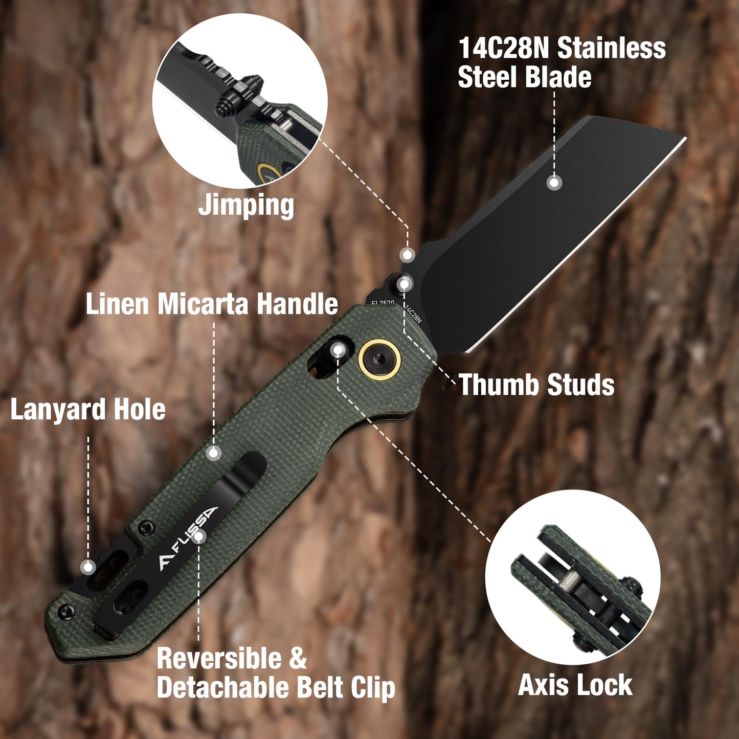 SKIF FLISSA Pocket Knife with 14C28N Stainless Steel Blade, Linen Micarta Handle, Axis Lock and Reversible Belt Clip, One-Hand Open Folding Knife for Hiking, Camping, Fishing, Indoor and Outdoor Activities