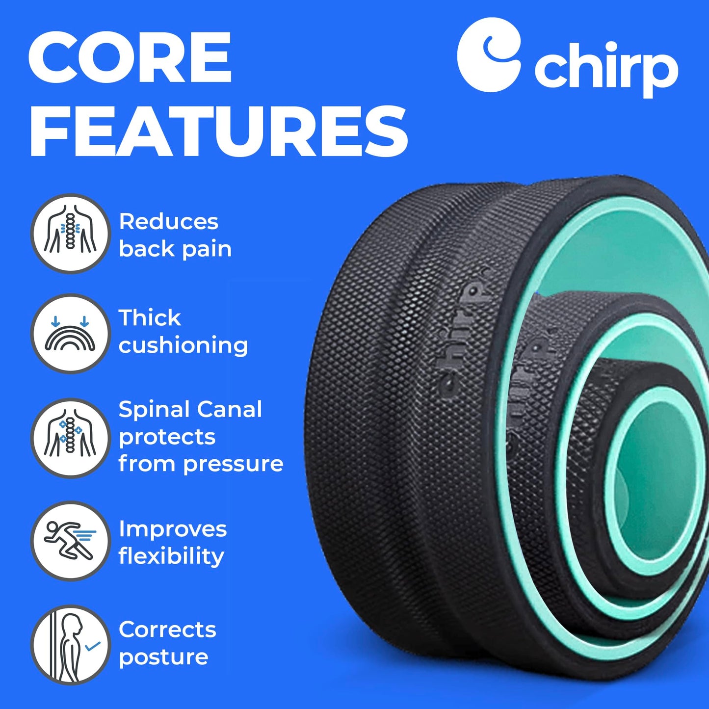 Chirp Wheel Foam Roller – Targeted Back & Neck Relief, Lumbar Spine Stretcher, Spinal Decompression Back Stretcher, Massage Roller with Density Foam for Physical Therapy, Supports 500lbs, 3-Pack Mint