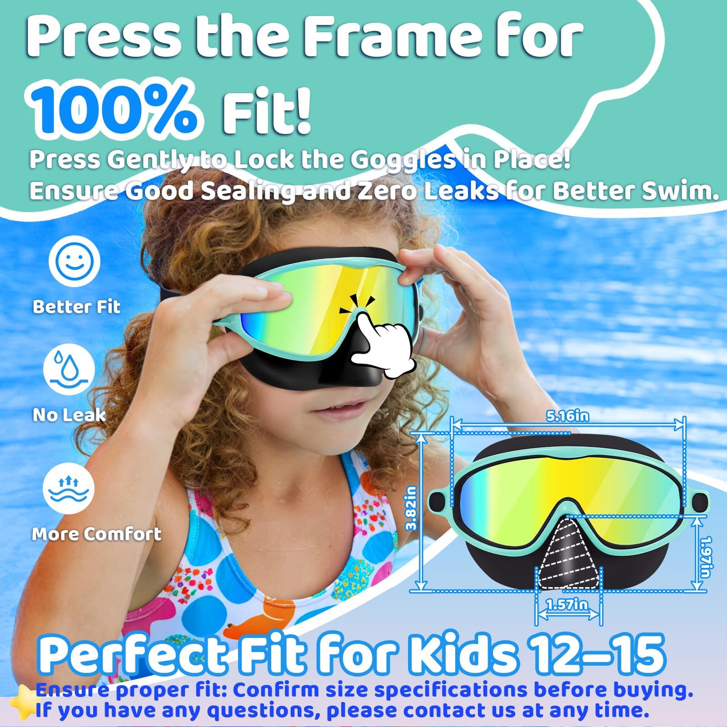 Vvinca Kids Swim Goggles with Nose Cover 2 Pack, Anti-Fog Waterproof Swimming Glasses for Boys Girls Age 12-15, Wide View Silicone Scuba Mask for Toddler Pool Beach Water Play