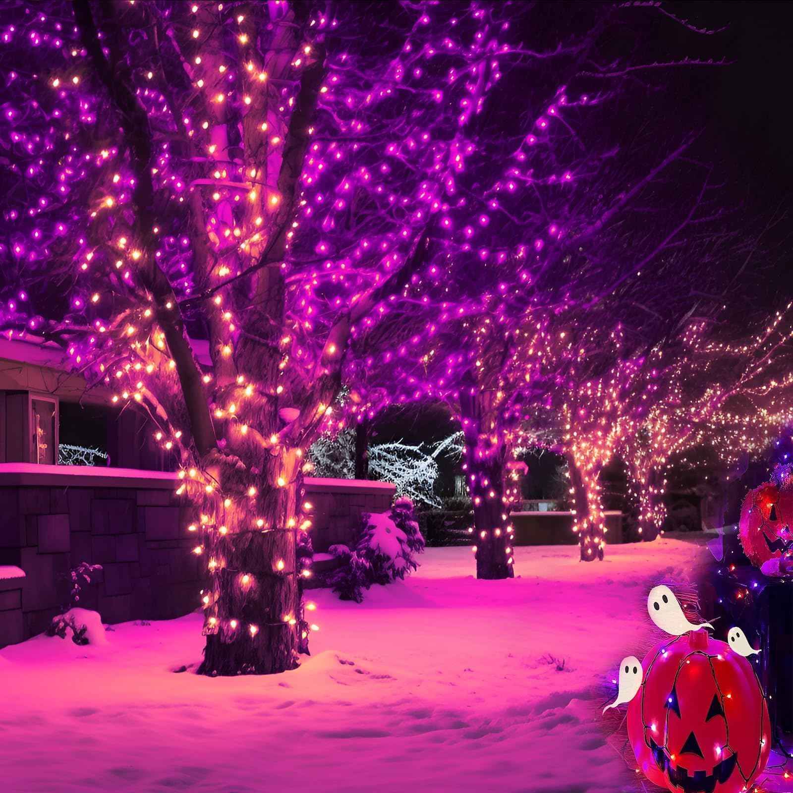 SyouHome 2-Pack Solar String Lights,78Ft Extra-Long 200 LED Waterproof Solar Halloween Lights, 8 Modes for Garden, Patio, Wedding (Purple & Orange)