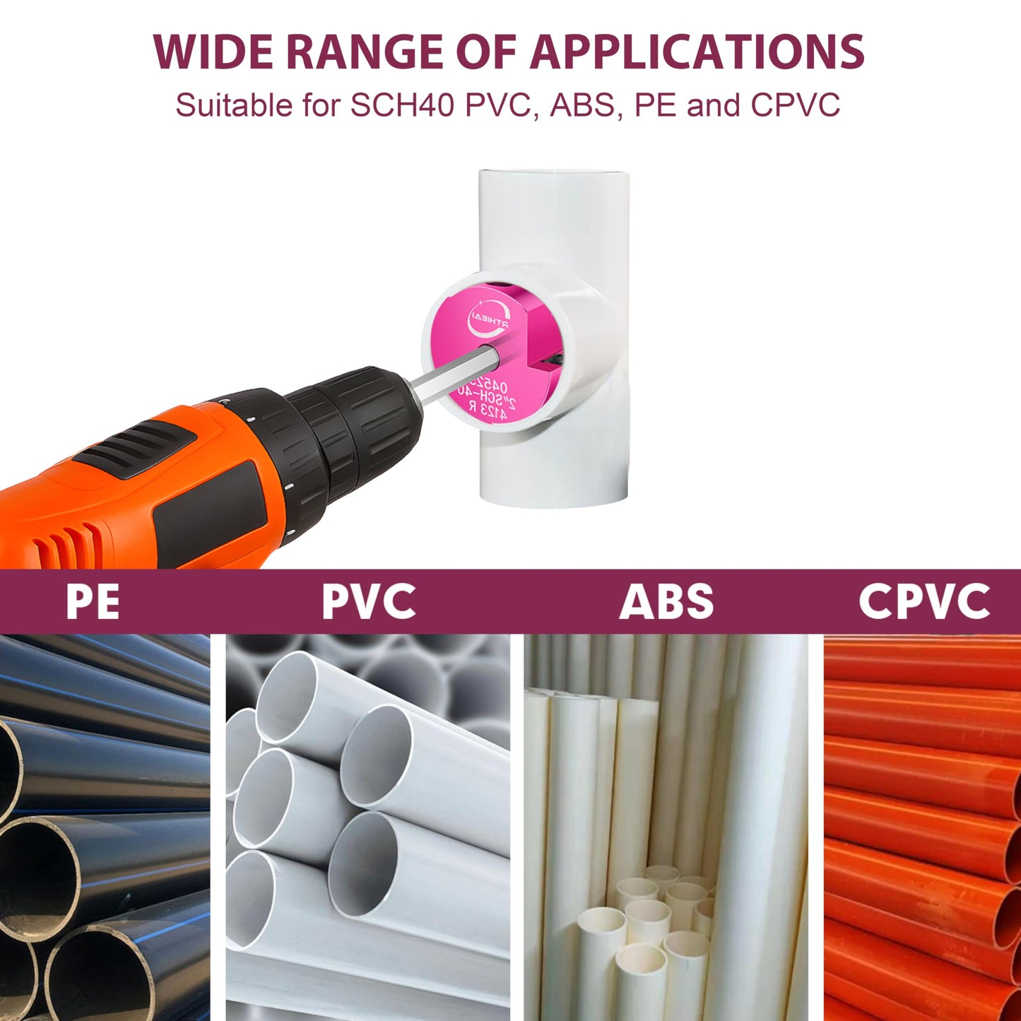 9 Pcs PVC Pipe Reamer Kit, PVC Fitting Saver Socket Saver Plumbing Tool with 1/2", 3/4", 1", 1-1/4", 1-1/2", 2", 2.5", 3" and 4" Head, Pipe Fitting Reamer for SCH40 CPVC ABS, Fits Standard 1/2" Drill