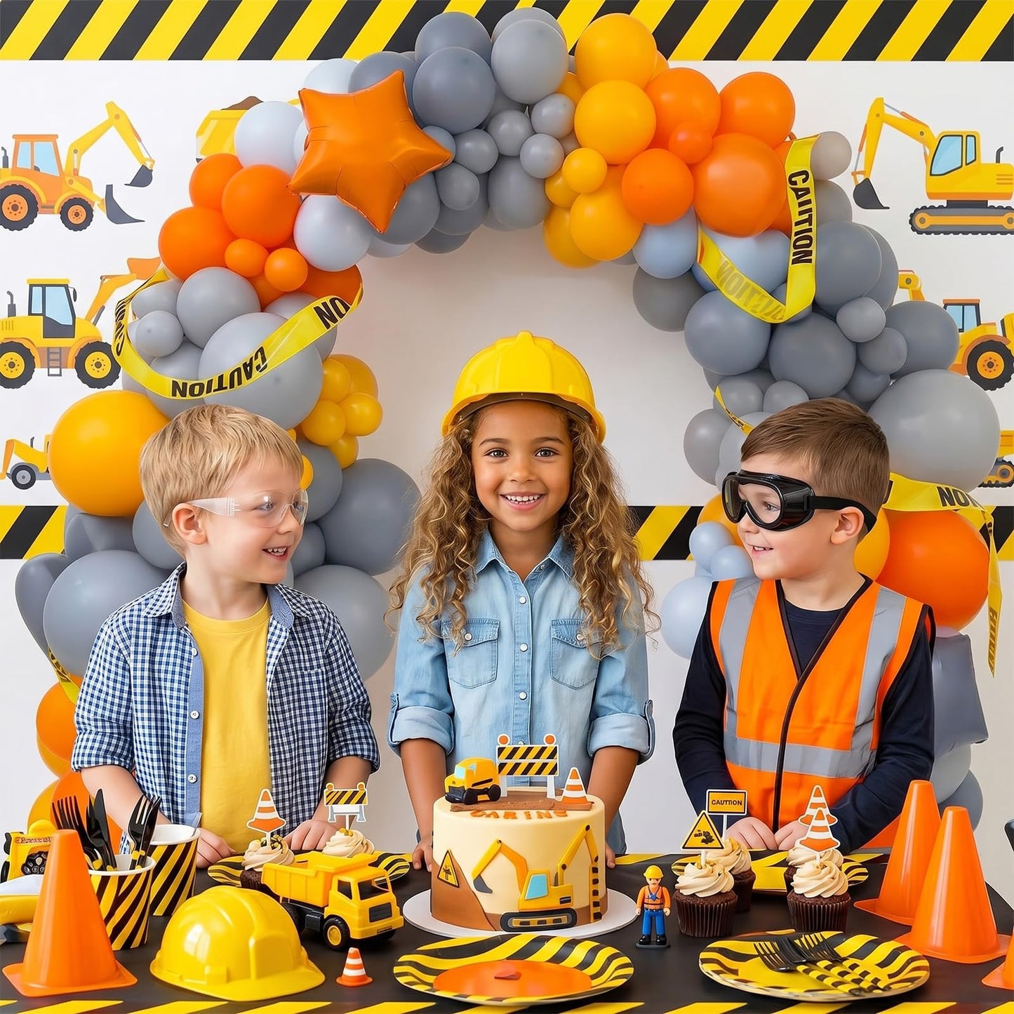 Construction Theme Balloons, 12 inch Orange Yellow Dusty Blue Latex Balloon for Construction Birthday Truck Excavator Theme Boys Transportation Party Supplies