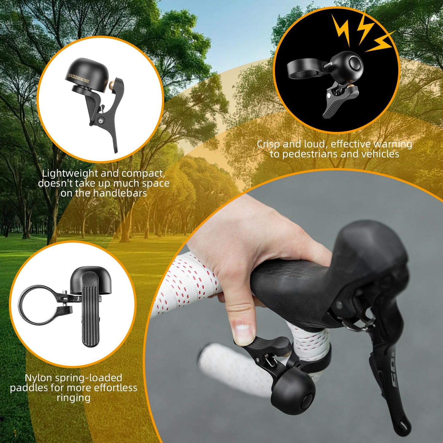 ROCKBROS Bike Bell Classic Bicycle Bell Road Bike Bells for Adults with Loud Sound and Fit for 1.06-1.18in/27-30mm Bicycle Handlebars Left Side