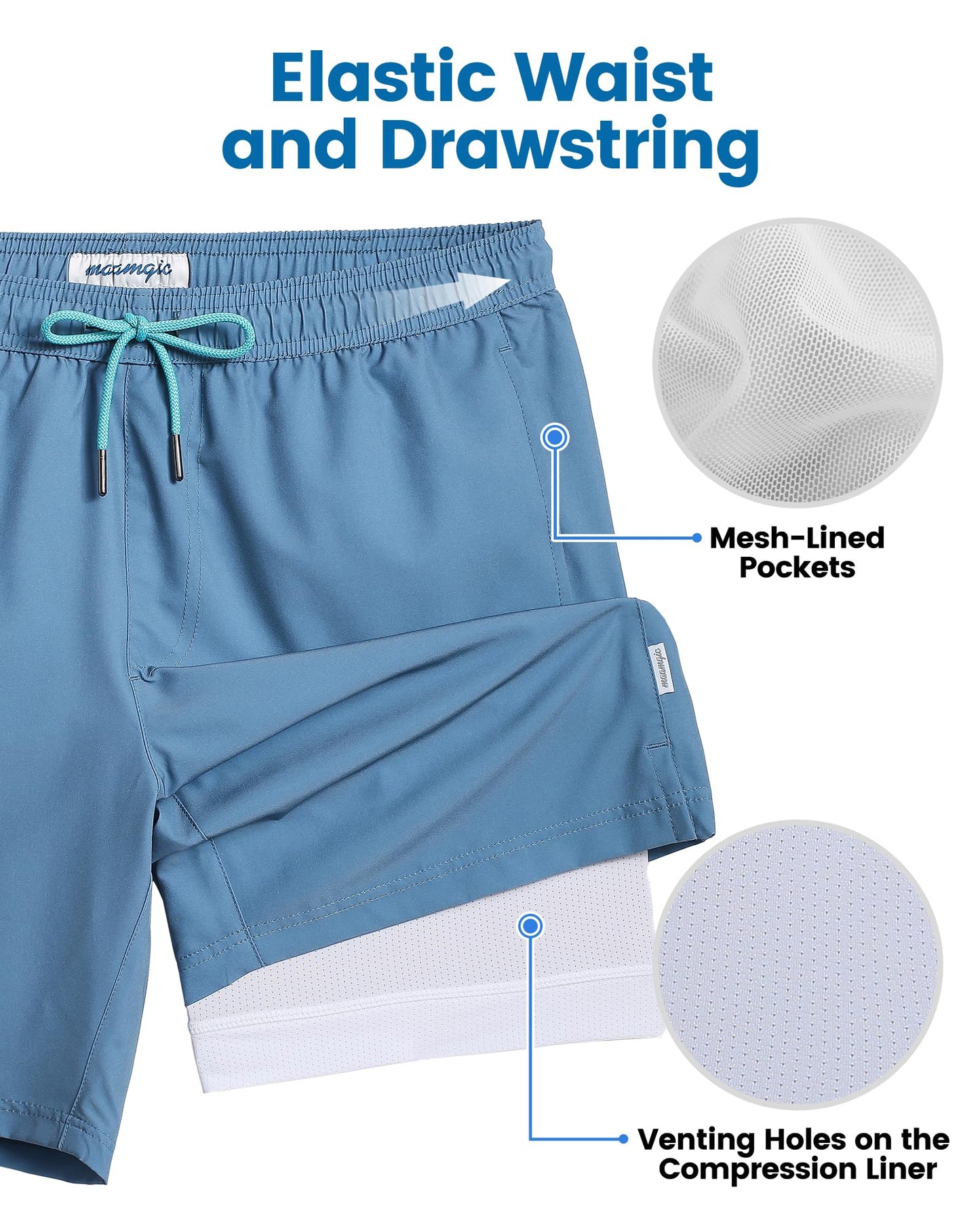 maamgic Mens Swim Trunks with Compression Liner 7 Inch Inseam Mens Bathing Suit Quick Dry Swimming Trunks Swimsuit Haze Blue and White Medium