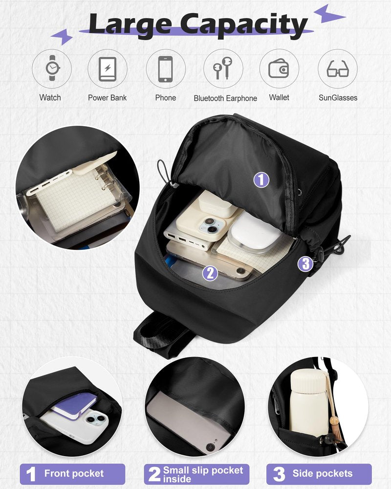 SEAFEW Small Black Sling Crossbody Bag for Men Women, Shoulder Daypack Mini Anti-Theft Cross Body Motorcycle Chest Bags, Small One Strap Fanny Back Pack for Casual Travel Hiking Sport Gym