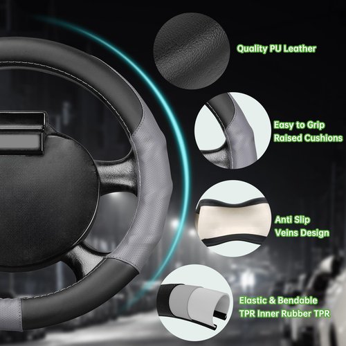 10L0L 13 Inch Golf Cart Steering Wheel Cover for EZGO TXT & RXV, Anti Slip PU Leather & Comfortable Grip Feeling-Black Grey
