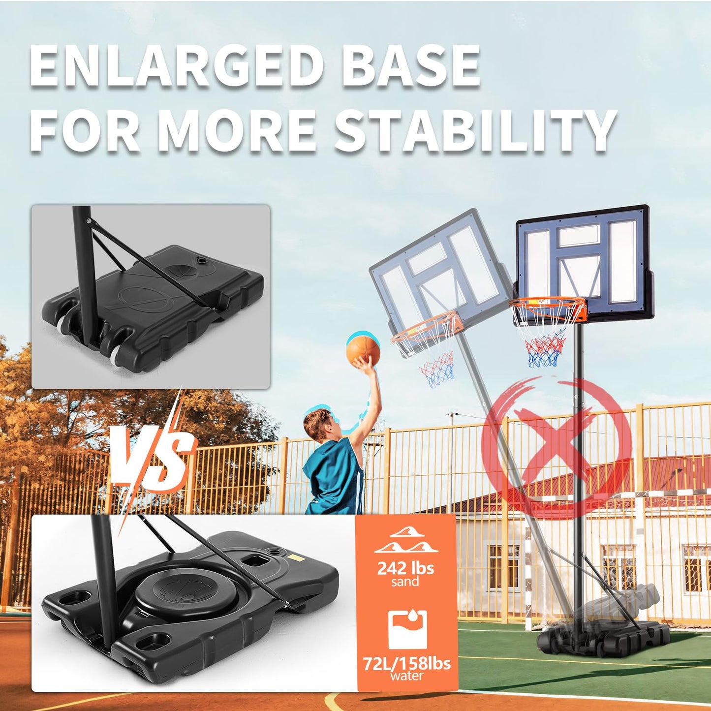 DUMOS 6.1-10FT Portable Basketball Hoop Outdoor for Adult, Adjustable Height 44 Inch Shatterproof Backboard w/Shock Absorbent Rim, Fillable Base, 2 Wheels for Swimming Pool/Indoor, New Version, Grey