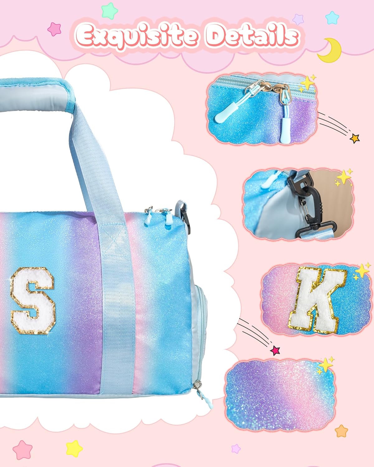 Skiennix Girls Gym Bag - Personalized Weekender Tote with Shoe Compartment & Makeup Pouch | Ideal Graduation Gift for Kids (Letter K)