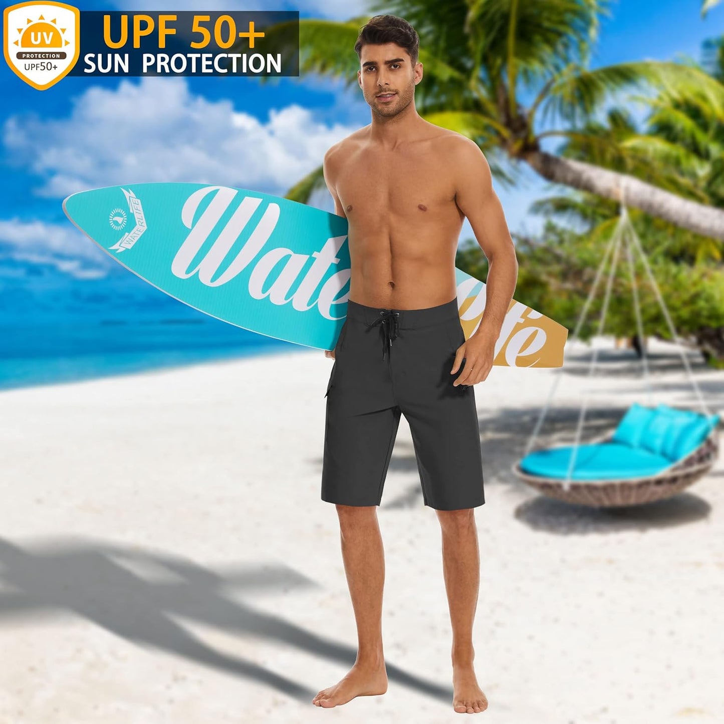 MIVEI 22" Men's Board Shorts - UPF50+ Swim Trunks with Zipper Pocket for Surfing & Beach Fun