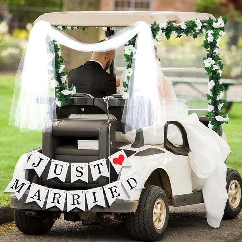 Janinka 5 Pcs Wedding Golf Cart Decorations 1 Just Married Sign Banner 2 Rose Garland 2 Gauze Draping Fabric for Golf Cart Car Decorations Accessories Wedding Party Anniversary Honeymoon Favor Gifts