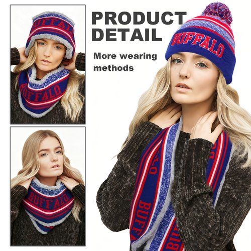 Buffalo Winter Beanie Hat Circle Scarf Set, Warm Football Knit Beanie Hat, Neck Warmer Scarves, Stylish Pom Pom Beanie Cap, Winter Gifts for Sport Fans with Stickers