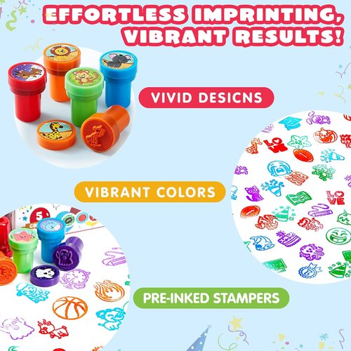 JOYIN 50 Pcs Self-Ink Stamps for Kids - Assorted Designs for Birthday Parties, School Prizes & Goodie Bags