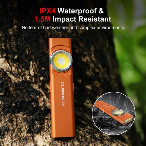klarus E5 Pocket Flashlight, Rechargeable EDC Flashlight, Super Slim 4.2x1x0.3inch, 600 Lumens, USB-C Port, IPX4, Dual Light Source with Magnetic Base, Hat & Clothes Clip - Orange
