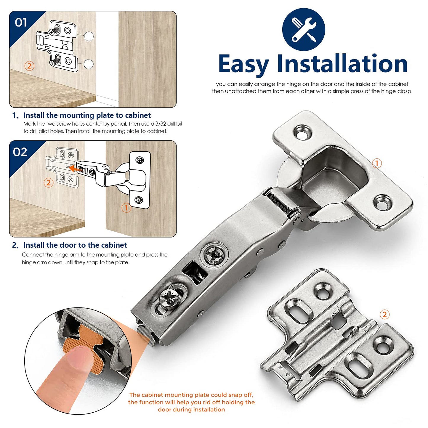 Ravinte 2 Pack 1 Pairs European Kitchen Cabinet Hinges Soft Close Full Overlay Cabinet Door Hinges Heavy-Duty Frameless Adjustable Concealed Cabinet Cup Hinge