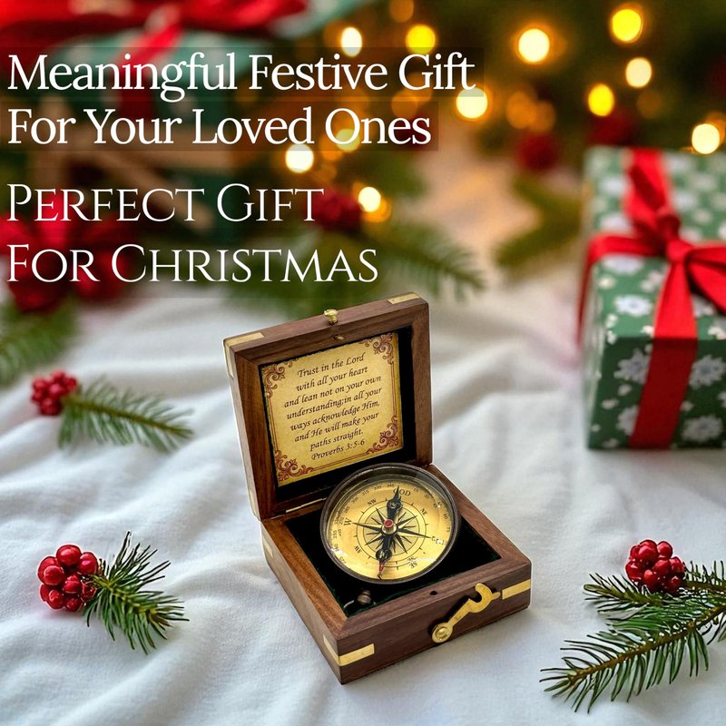Compass Trust in Lord Religious Brass Compass Gift with Bible Proverb Engraved | Christian Inspirational Gift for Men, Faith Based Graduation, Birthday, Gift for Son, Holy Gift | Sundial Clock in Box
