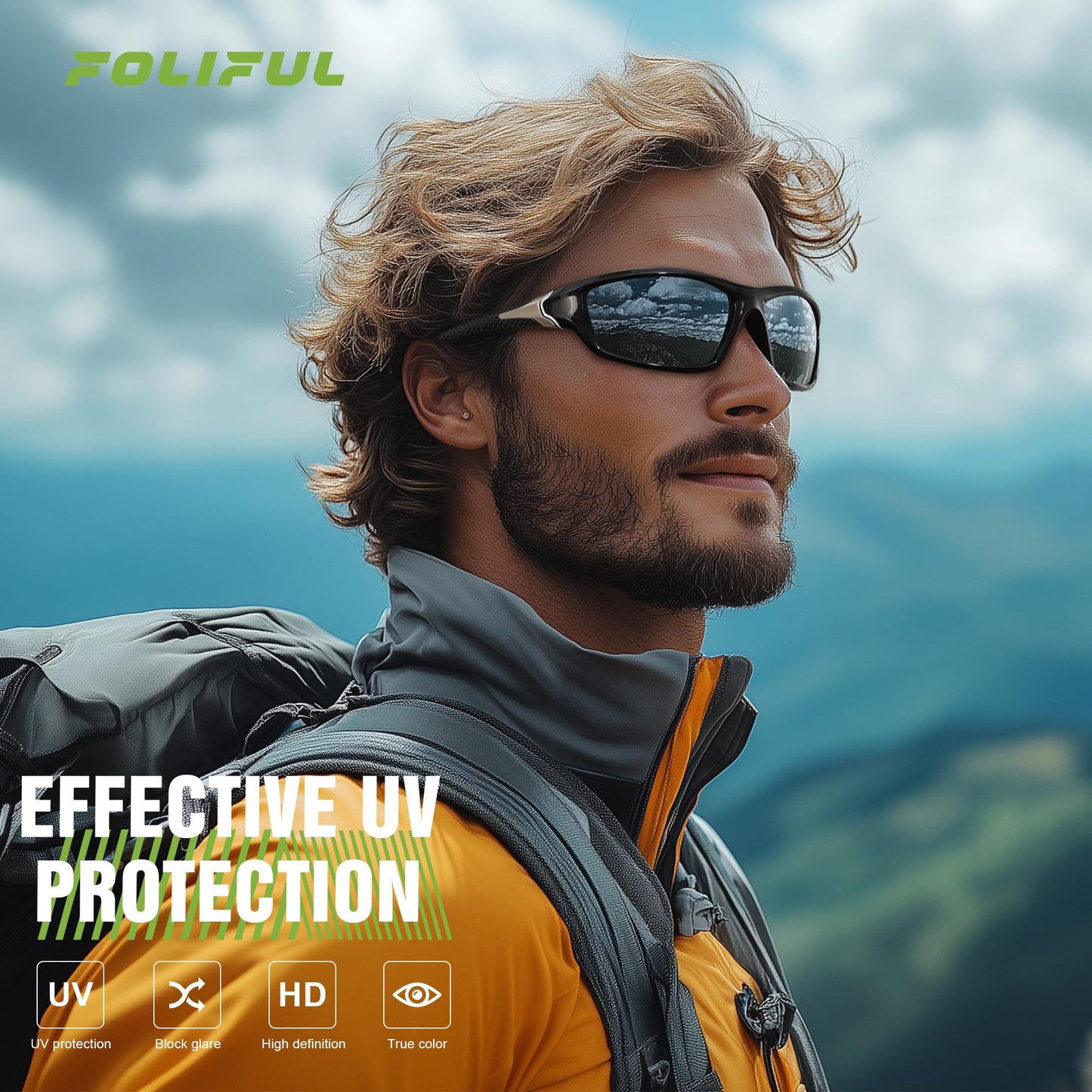 Foliful 3 Pack Polarized Sports Sunglasses for Men, Mens Sunglasses Wrap Around UV Protection for Cycling Fishing Driving