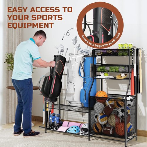 Garage Sports Equipment Organizer - Heavy-Duty Golf Bag Storage Stand with Basket & Hooks | Space-Saving Design for Indoor/Outdoor Use