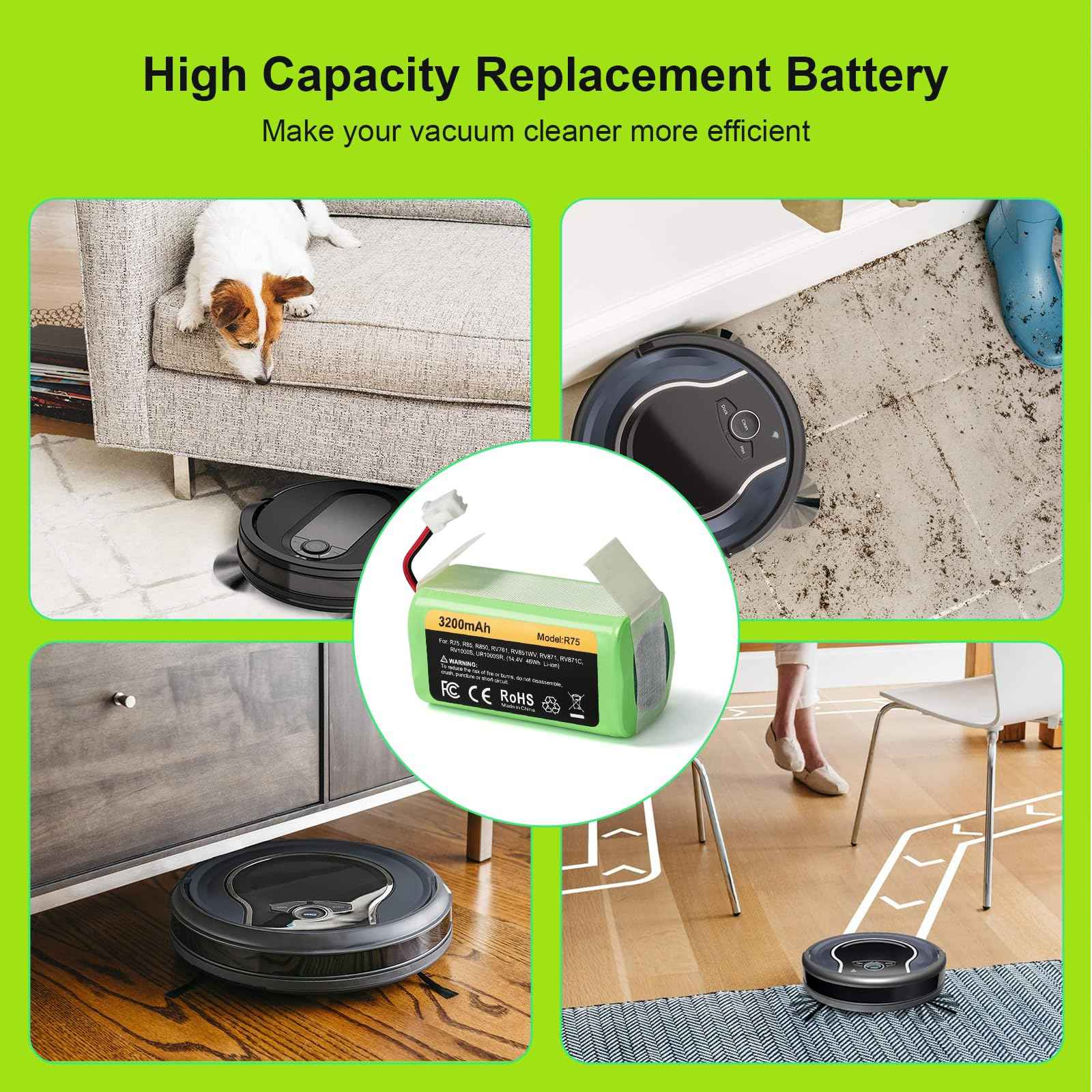 Topwowe Replacement RVBAT850 Battery (3200mAh, 2-Prong Connector) Compatible with Shark Ion R75, R85, RV761, RV850C, RV1000S, RV700_N, RV720_N, UR1000SR (1 Pack)