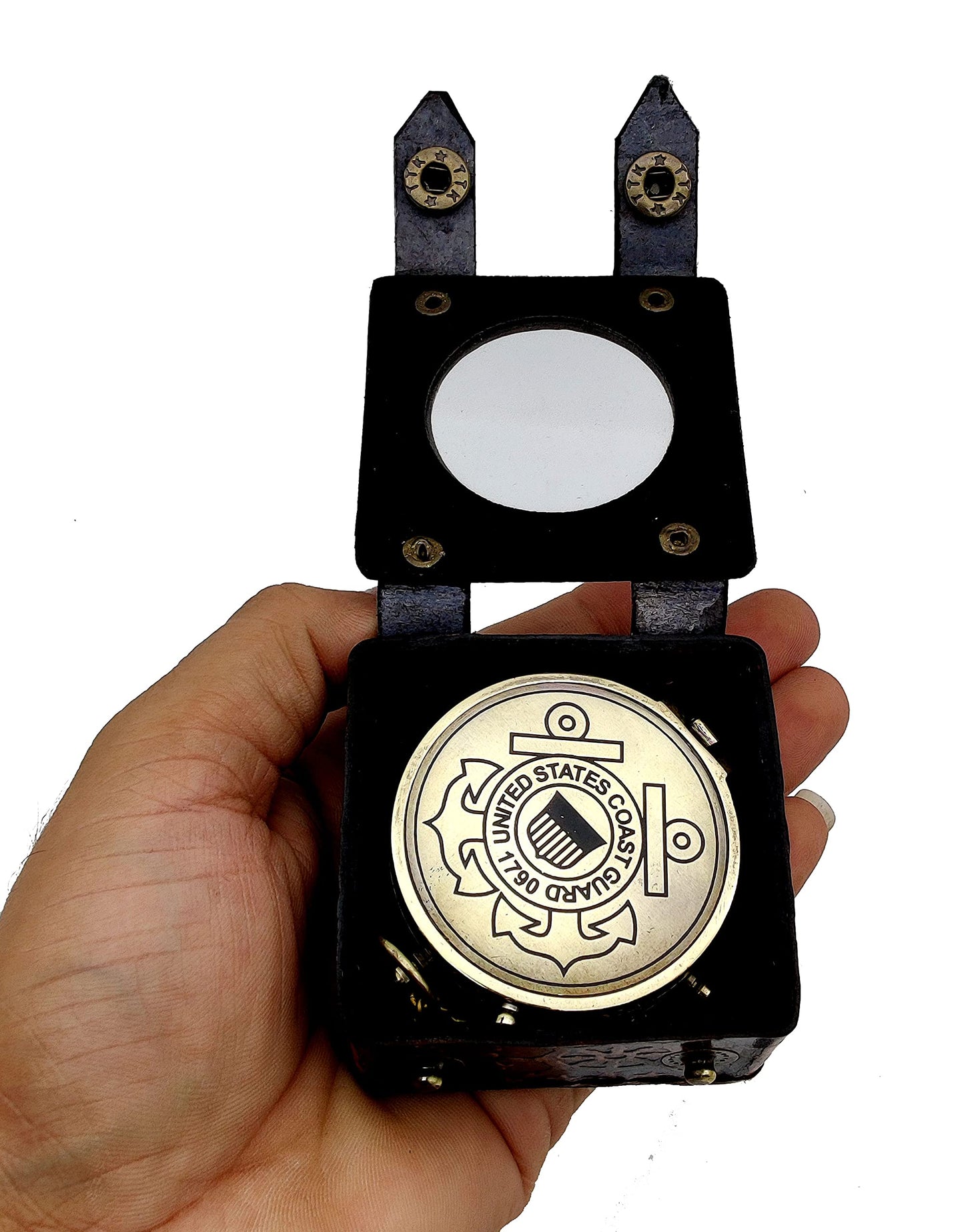 5MoonSun5's US Coast Guard Engraved Brass Military Compass with Leather Display Case - Nautical Marine Navigation Compass for Hiking Camping for Army Person