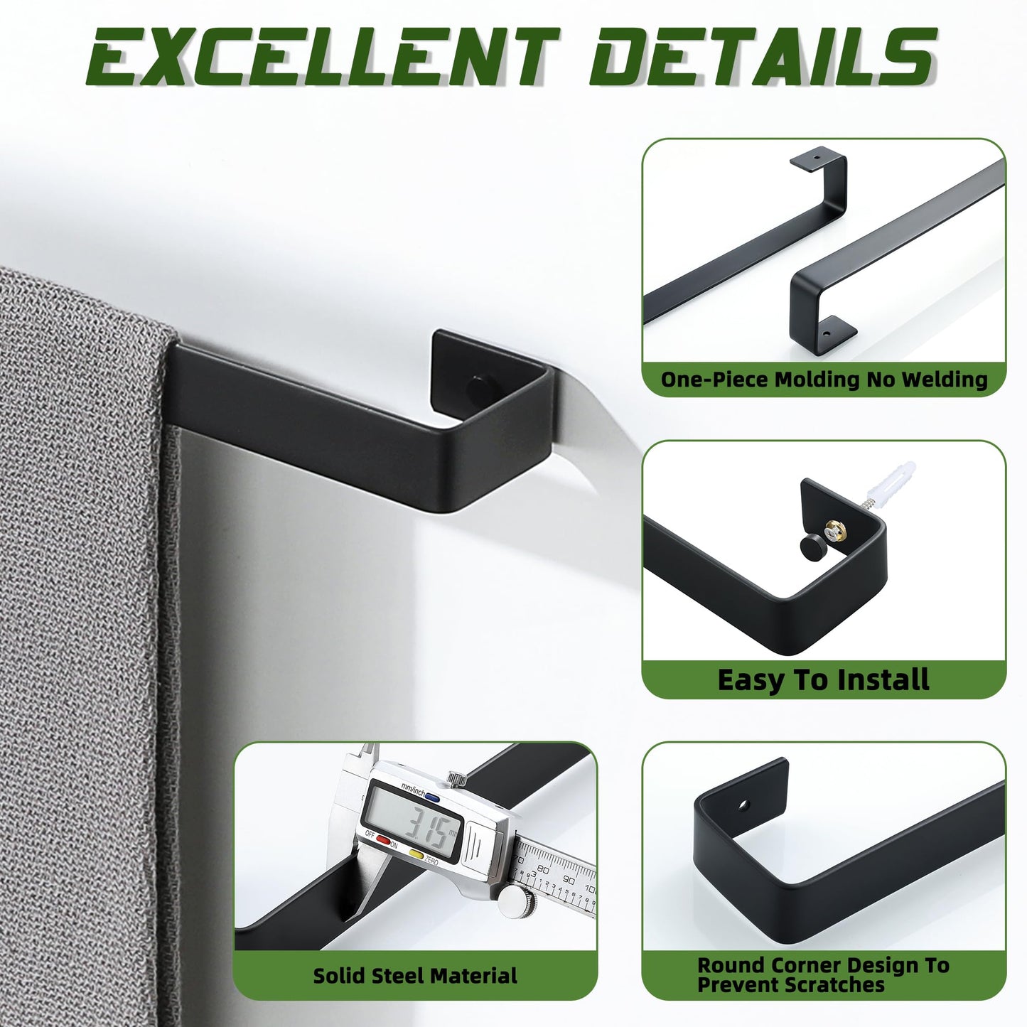 Alise Hand Towel Holder Black Towel Bar for Bathroom Wall Mount,SUS304 Stainless Steel Towel Rack for Bathroom and Lavatory,Kitchen,8'' Bath Towel Hanger Towel Rail