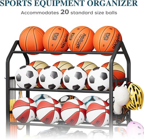 Homeiju Sports Equipment Organizer - Ball Storage Rack with Wheels & Hooks | Indoor/Outdoor Black Gear Shelf