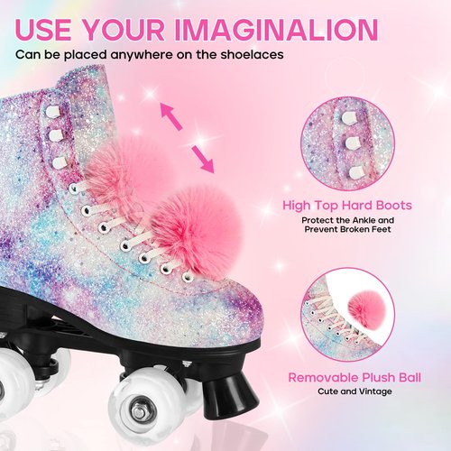 LEVYTEMP Roller Skates for Women, Men Light-Up Wheels Double-Row Rollerskates High-Top PU Leather Classic Designs Glitter Skate Shoes for Girls Beginners with a Shoes Bag Size 7 Indoor Outdoor