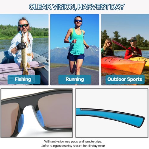 Jefoo Polarized Sunglasses for Men Women, Fishing Cycling Running Driving Golf Sports Floating Square Glasses UV Protection
