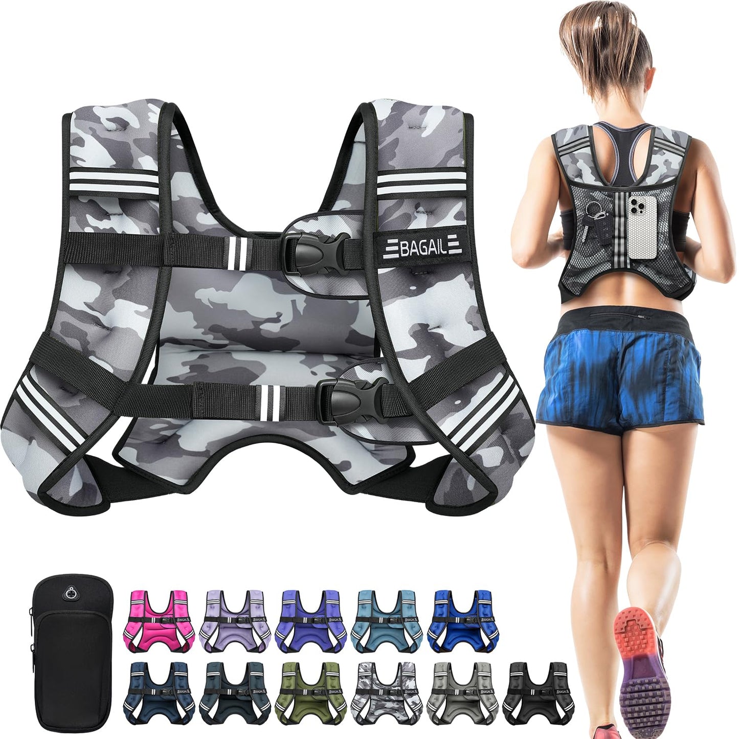 BAGAIL Comfort-Fit Weighted Vest for Woman, Even Weight Distribution, Faster Weight Loss, No-Chafe or Bounce for Walking & Running with Detachable Phone Pouch & Reflective Stripes (Available 5-30lbs)