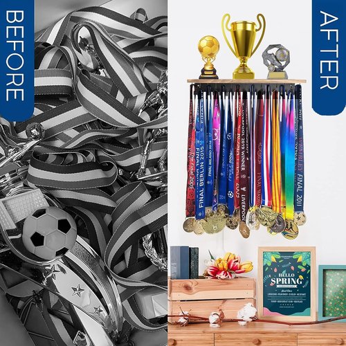 Defined Deco Medal Hanger - Wooden Trophy Shelf With 32 Hooks for Wall-Mounted Ribbon Display | Ideal for Gymnastics, Soccer, Running Medals