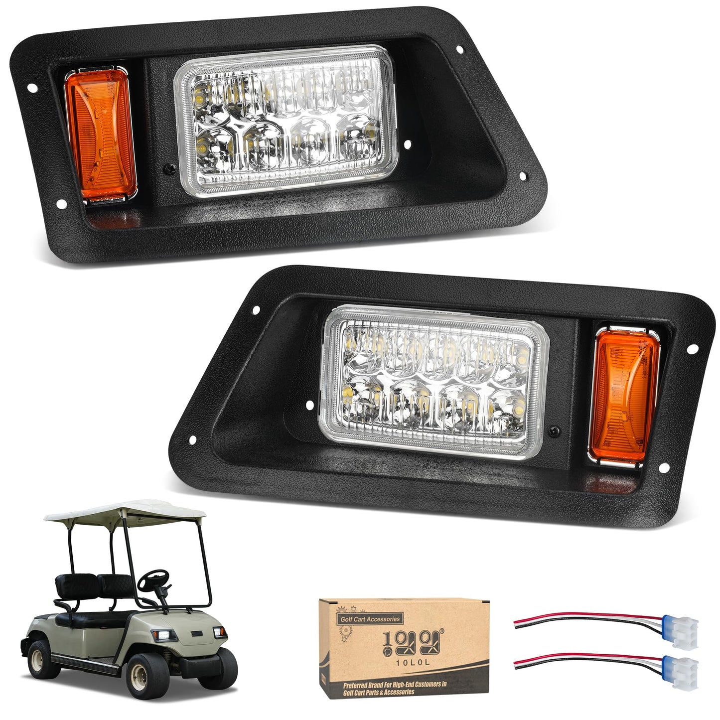 10L0L Golf Cart Head Light Kit for Yamaha G14, G16, G19, G22-12V LED Headlight Assembly with 3Pin Harness, Energy-Efficient Replacement for Gas & Electric Front Driver and Passenger Side