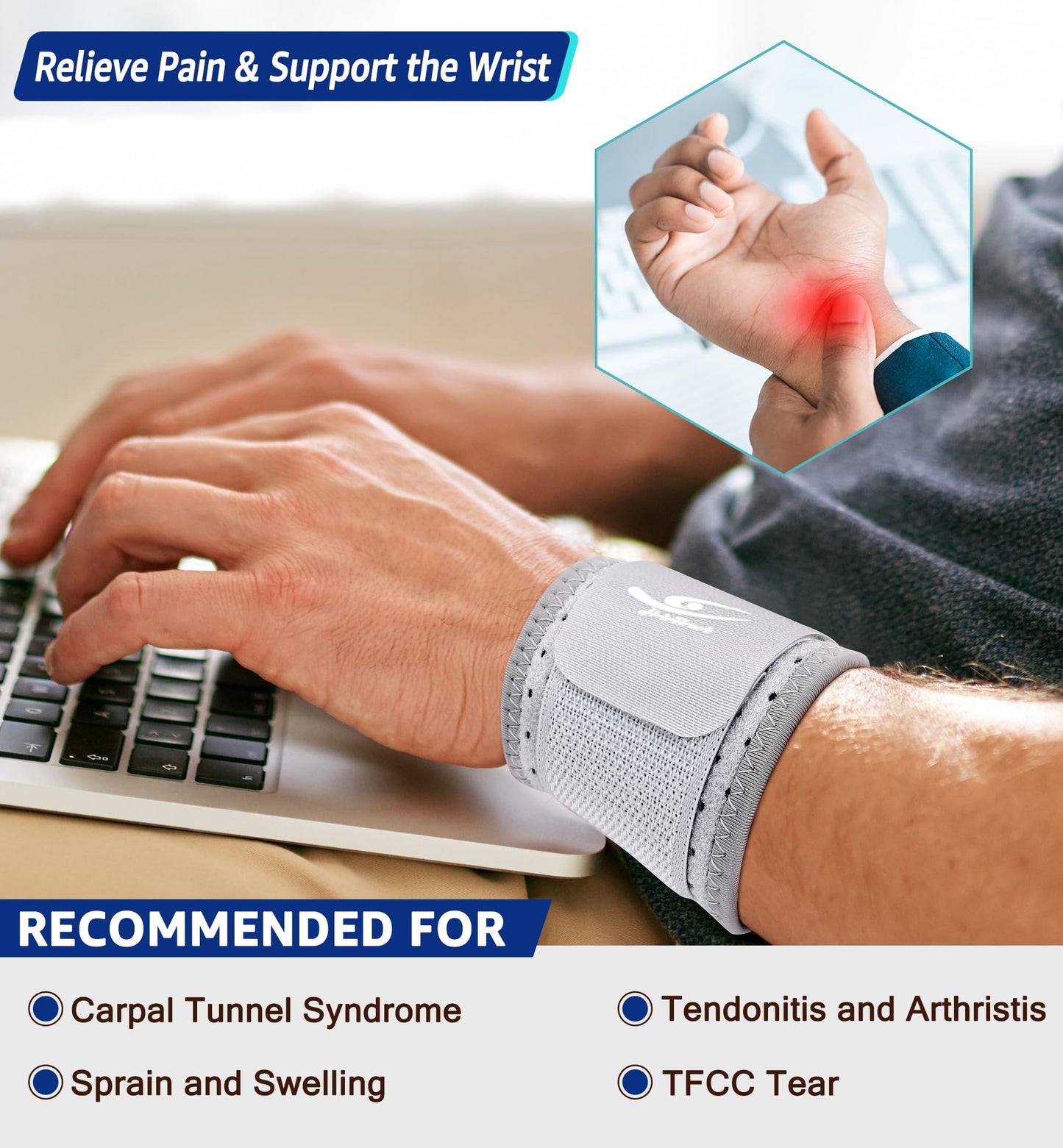 HiRui Wrist Brace (2 PCS) - Adjustable Compression for Carpal Tunnel Arthritis Tendonitis Sprain Pain Relief | Wrist Support Wrist Wraps for Both Hands, Ideal for Sports & Gym Workouts (Gray)